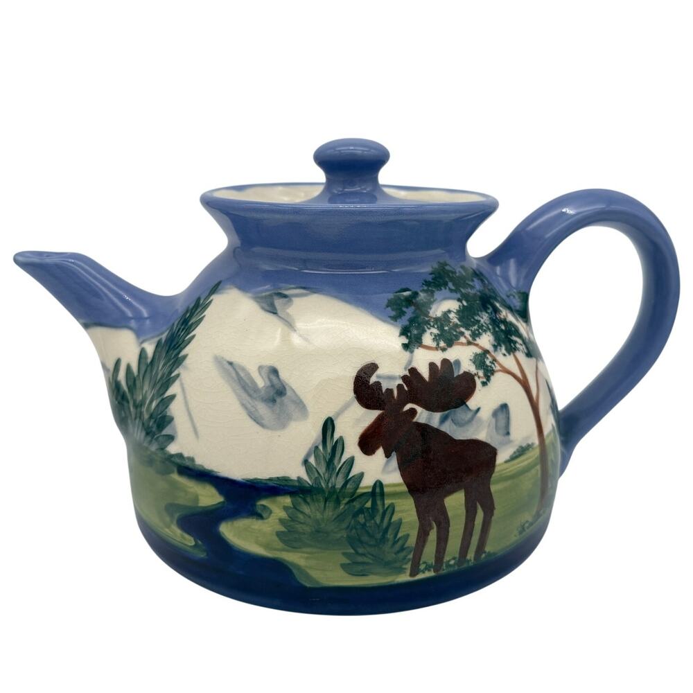 Shard Pottery Teapot Moose Bear Hand Painted Maine Rustic Cabin Folk Art